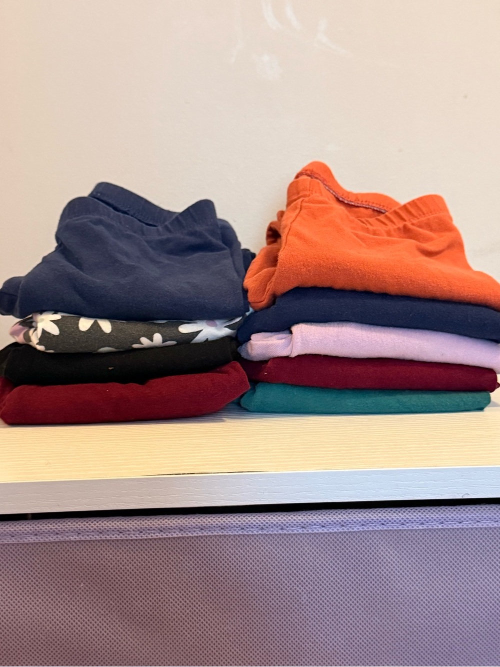 Stack of Mixed Colored Leggings - Navy, Orange, Burgundy, Teal
